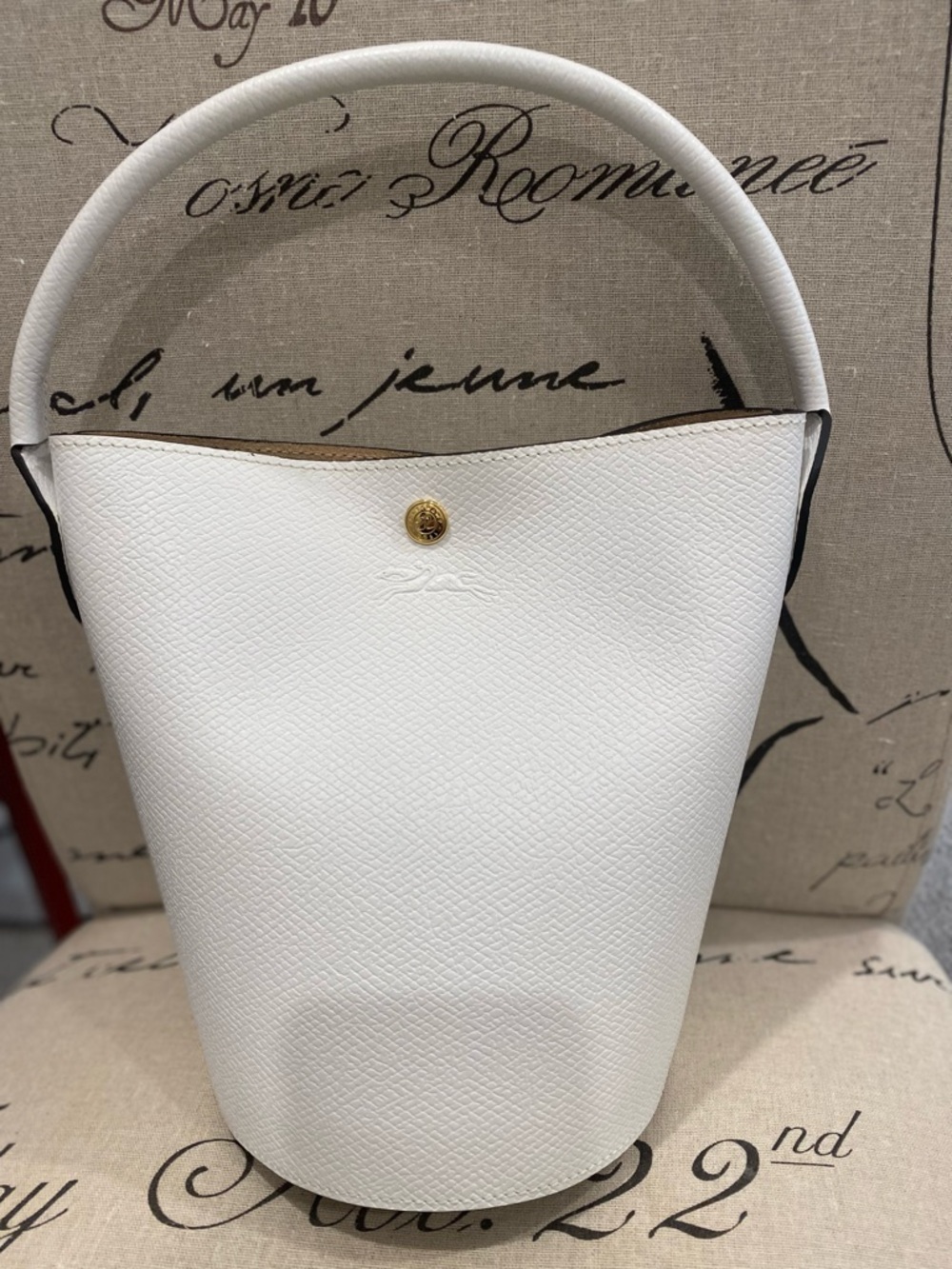 Longchamp White Textured Leather Top-Handle Bucket Bag